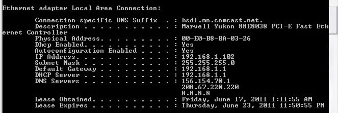 Windows DOS Windows showing IPConfig output