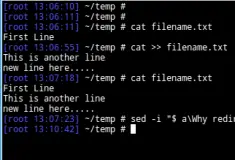 Use cat or sed to append text to file