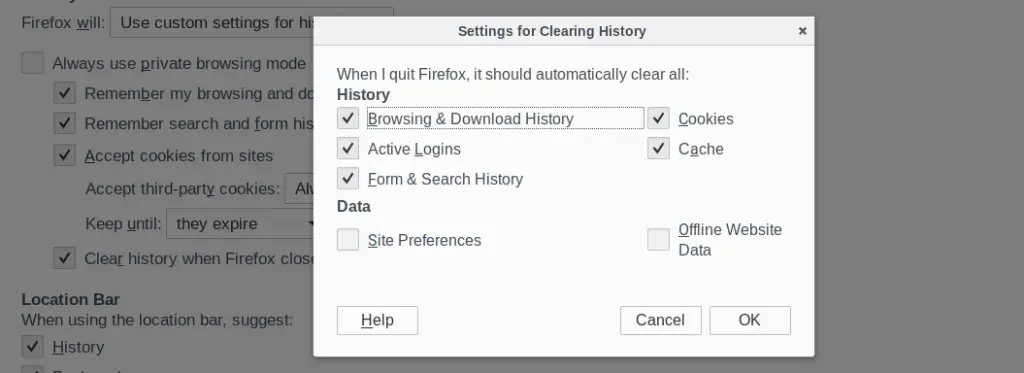 settings dialog to clear history