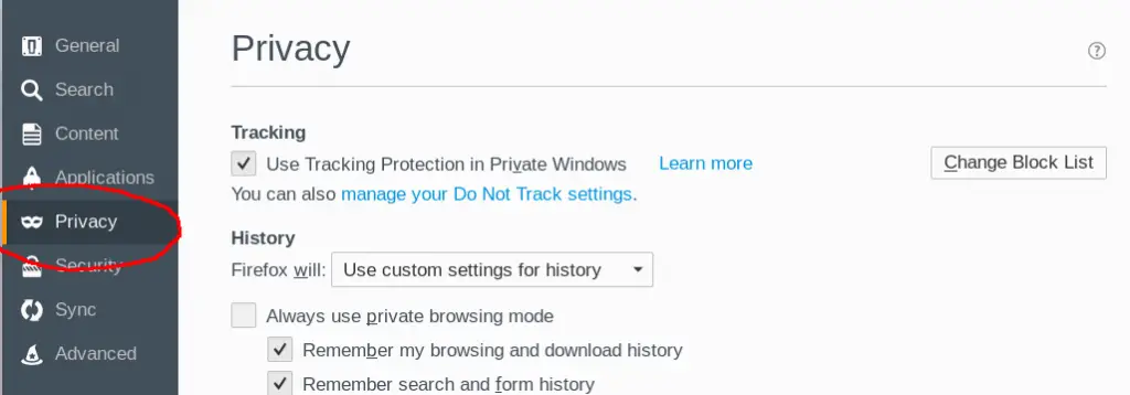 privacy tab in firefox