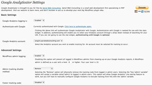Google Analyticator WordPress Plugin Screenshot
