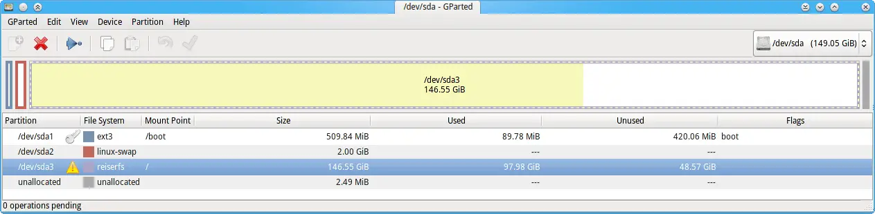 GParted Showing Disk Partitions on a Linux System