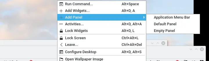 add panel menu in kde desktop