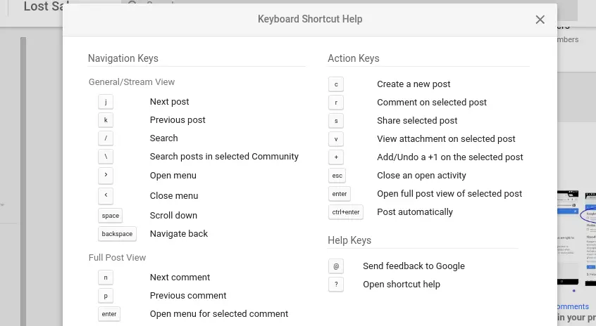 google+ keyboard shortcuts