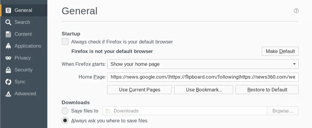 Home page settings in Mozilla Firefox