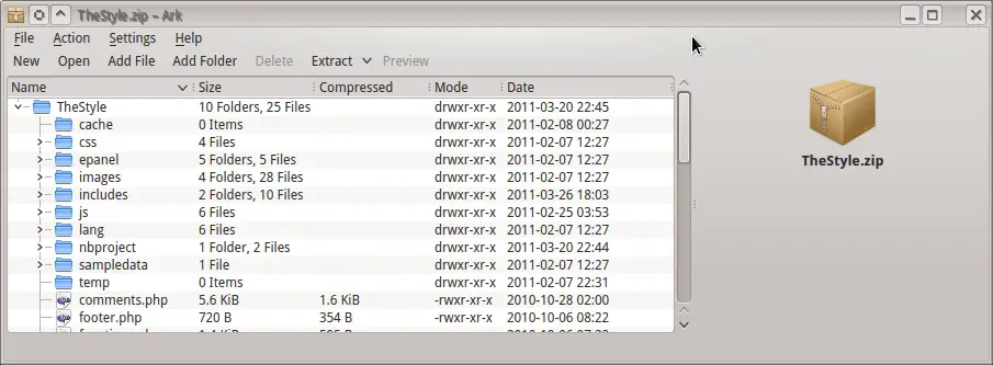 Zip File opened in Ark for KDE